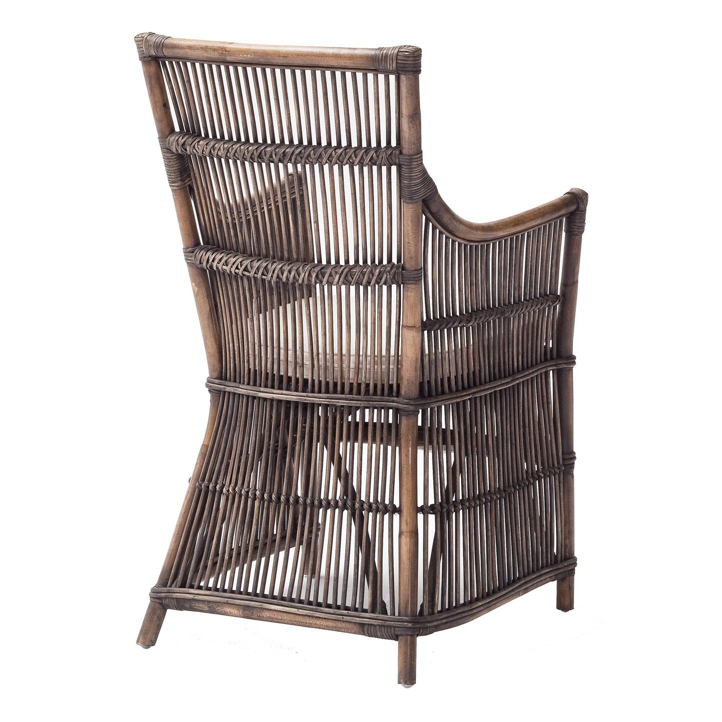 Set of Two Cream And Dark Brown Rattan Slat Back Dining Arm Chairs
