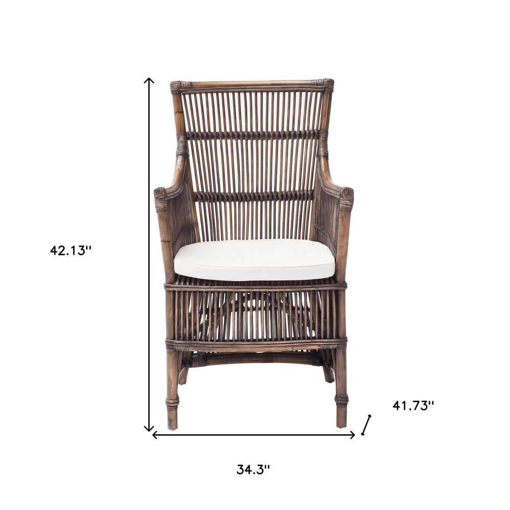 Set of Two Cream And Dark Brown Rattan Slat Back Dining Arm Chairs