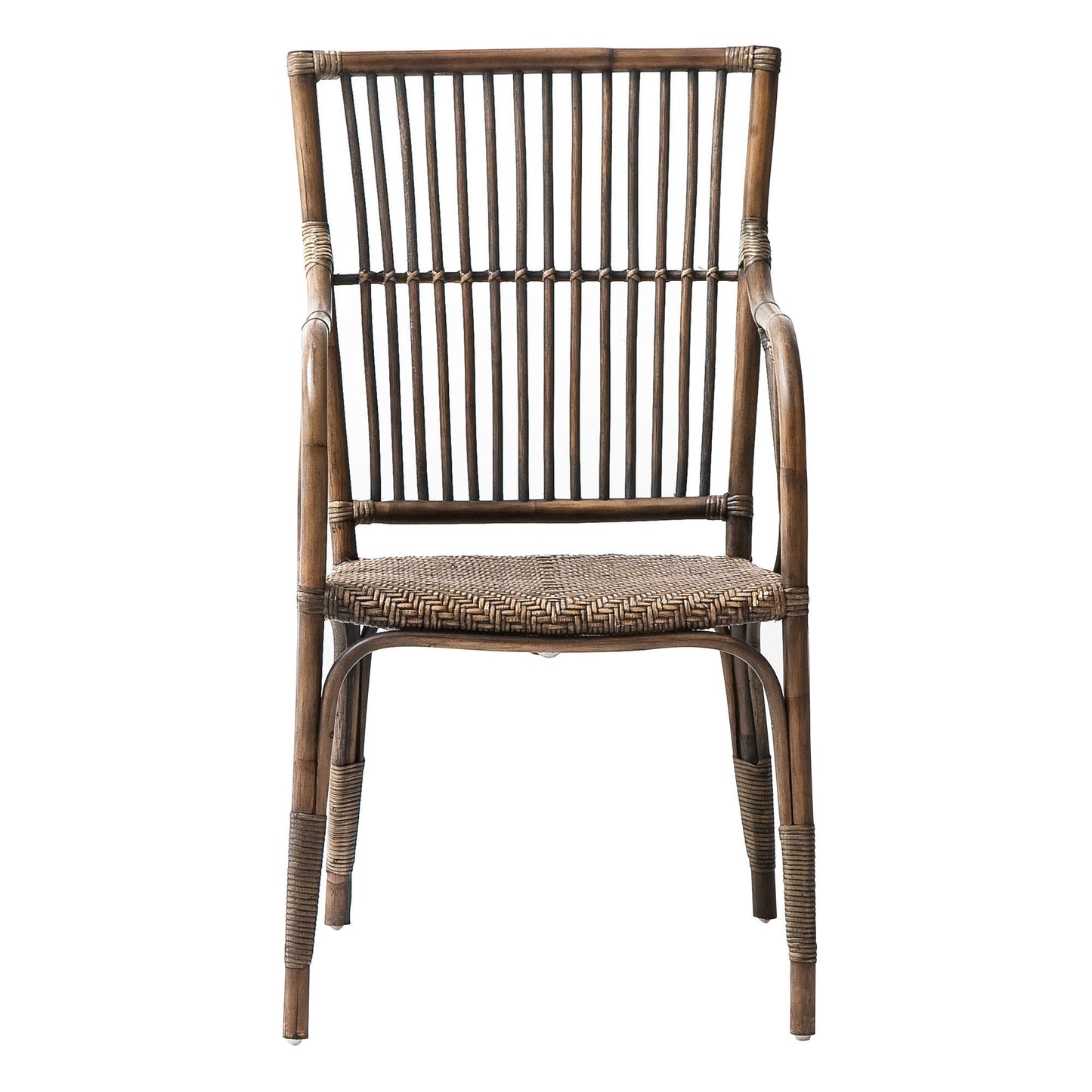 Set of Two Natural Rattan Slat Back Dining Arm Chairs