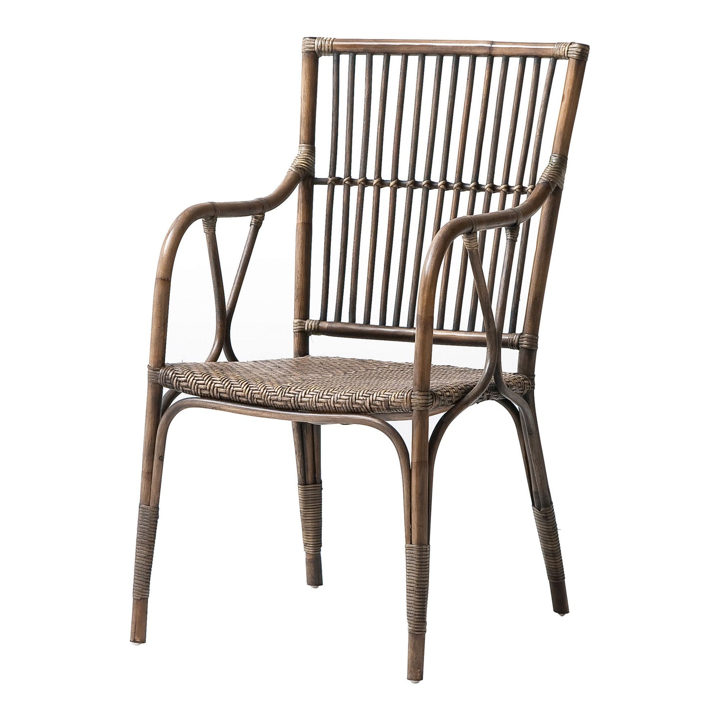 Set of Two Natural Rattan Slat Back Dining Arm Chairs