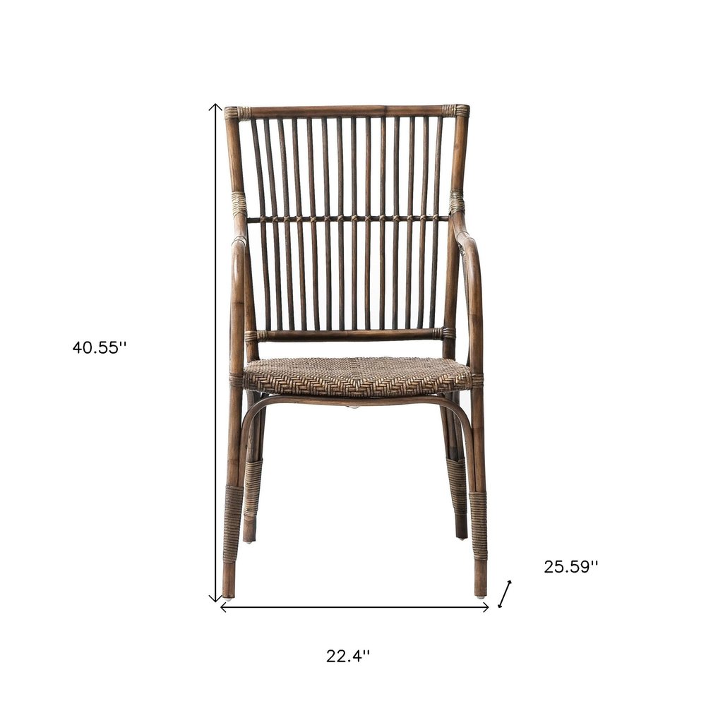 Set of Two Natural Rattan Slat Back Dining Arm Chairs
