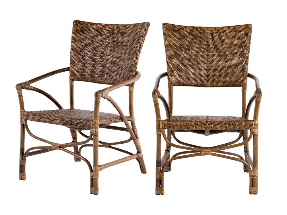 Set of Two Natural Rattan Open Back Dining Arm Chairs