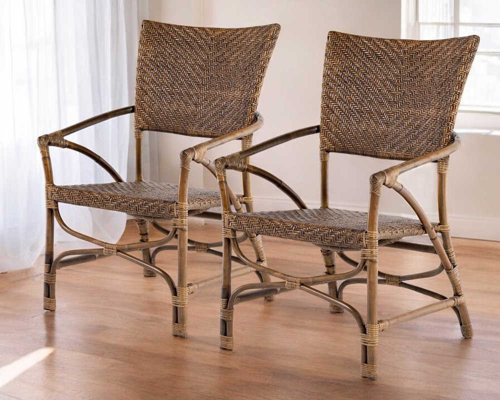 Set of Two Natural Rattan Open Back Dining Arm Chairs