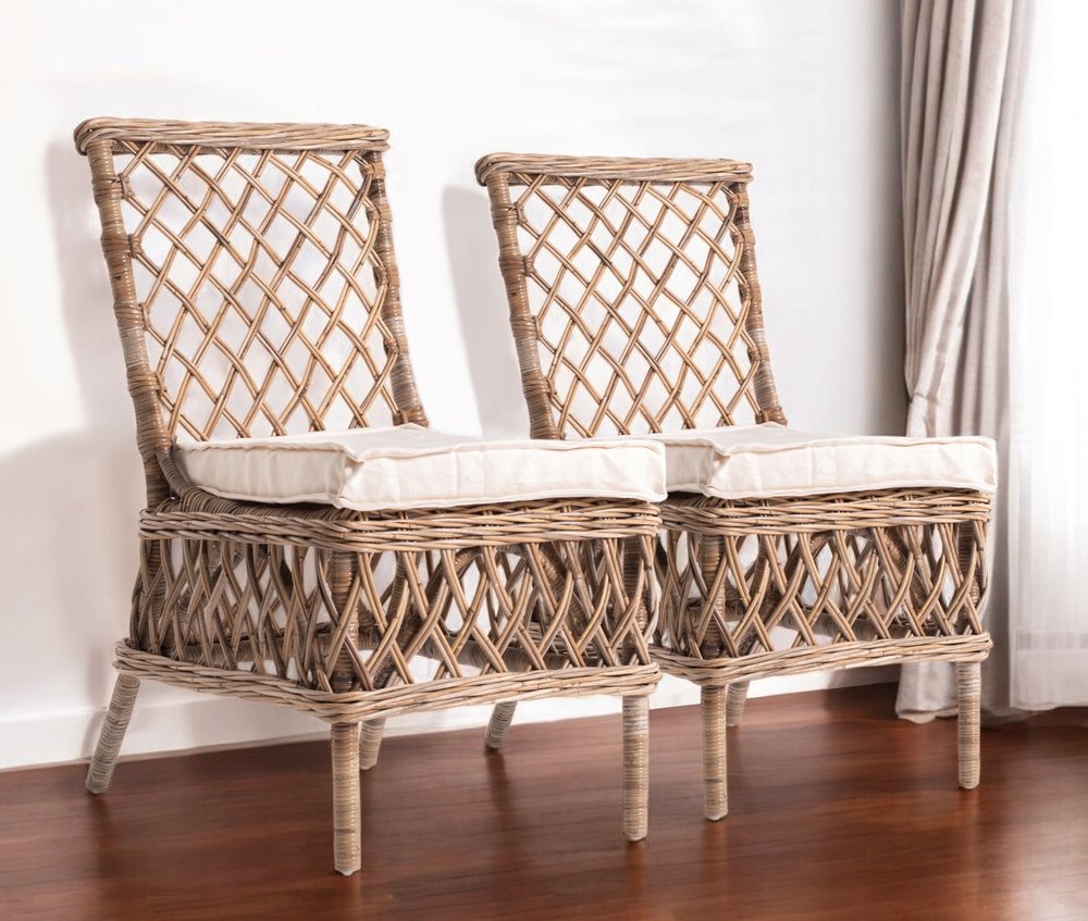 Set of Two Cream Woven Rattan Outdoor Accent Chairs