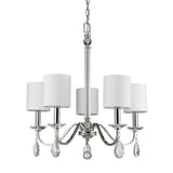 Silver Candle Style Five Light Metal and Crystals Dimmable Chandelier With White Shades