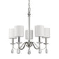 Silver Candle Style Five Light Metal and Crystals Dimmable Chandelier With White Shades