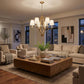 Gold Candle Style Six Light Metal and Crystals Dimmable Chandelier With White Shades