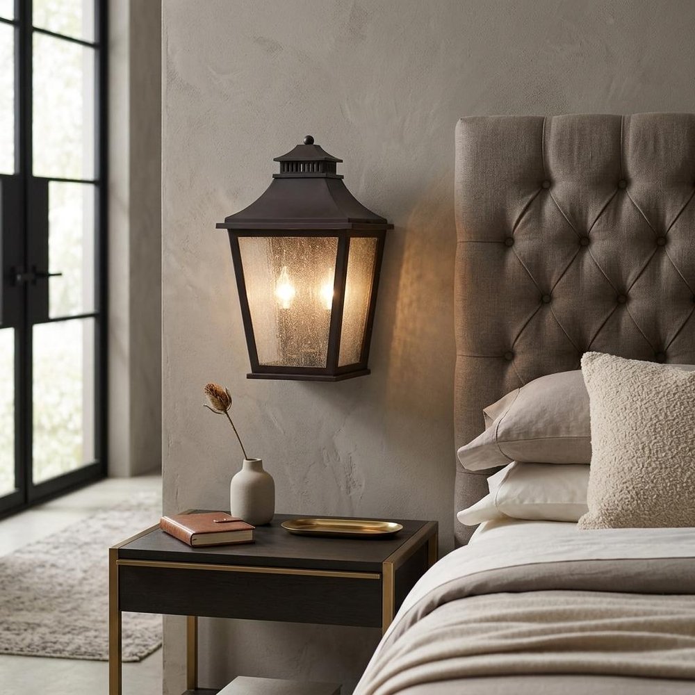 Black And Clear Two Light Seeded Dimmable Outdoor Hanging Lights With Antiqued Brass Shades