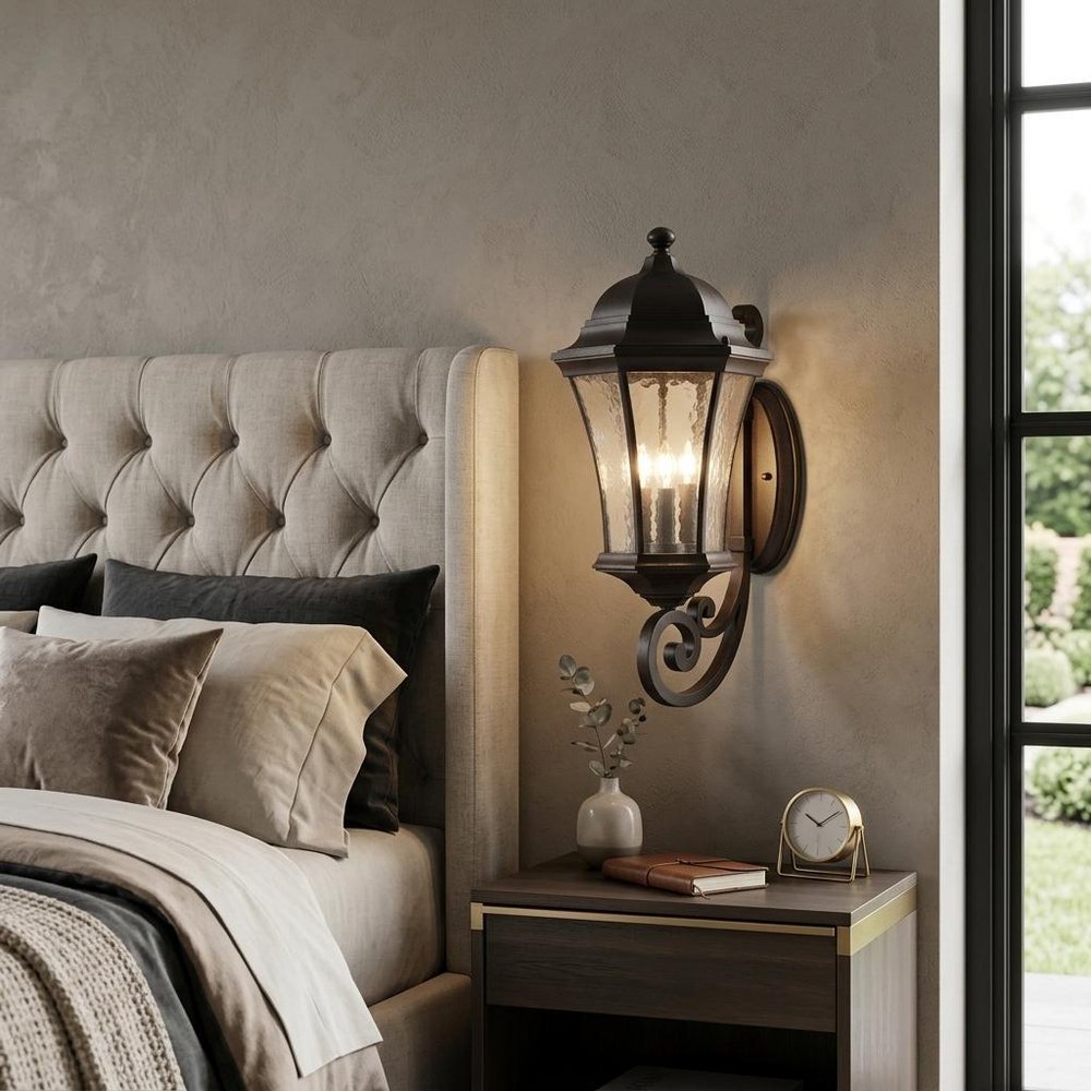 Black And Clear Three Light Hammered Dimmable Outdoor Hanging Lights With Black Shades