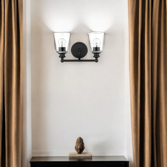 Two Light Matte Black Glass Shade Wall Sconce