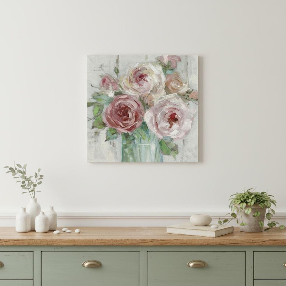 20" x 20" Watercolor Soft Pastel Peonies Bouquet Canvas Wall Art