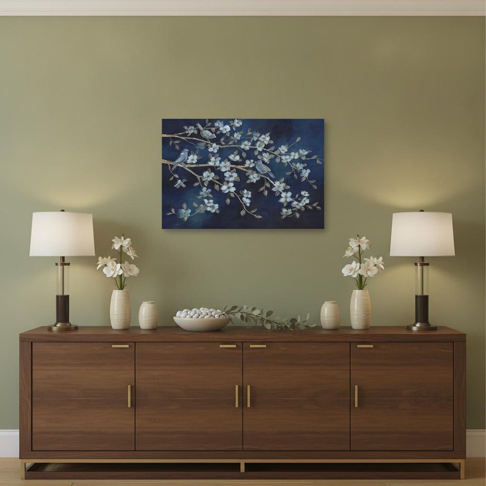 18" x 24" Navy Blue Watercolor Midnight Bird Rendezvous Canvas Wall Art