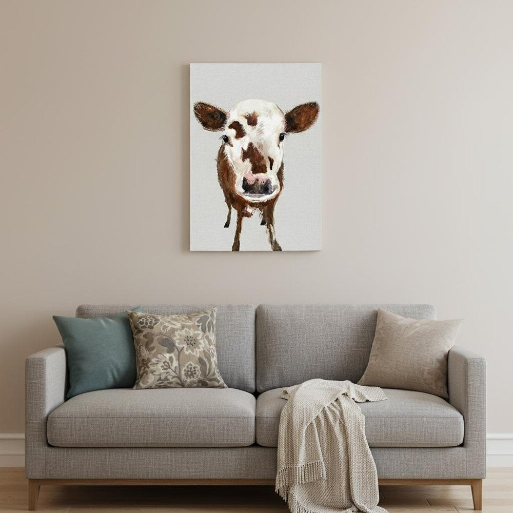 24" x 16" Brown and White Baby Cow Face Canvas Wall Art