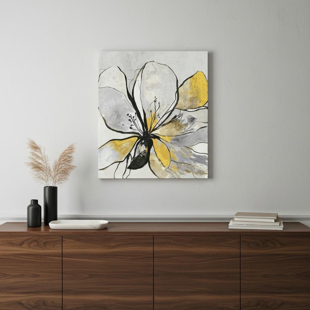 20" Modern Yellow and Black Flower in Bloom Canvas Wall Art