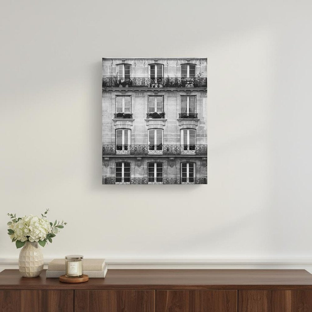 20" x 16" Balcony View Black and White Photo Real Canvas Wall Art