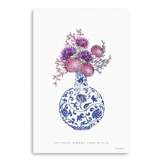 24" x 16" Blue and White Happiness Floral Vase Canvas Wall Art