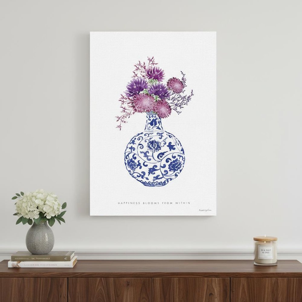 24" x 16" Blue and White Happiness Floral Vase Canvas Wall Art