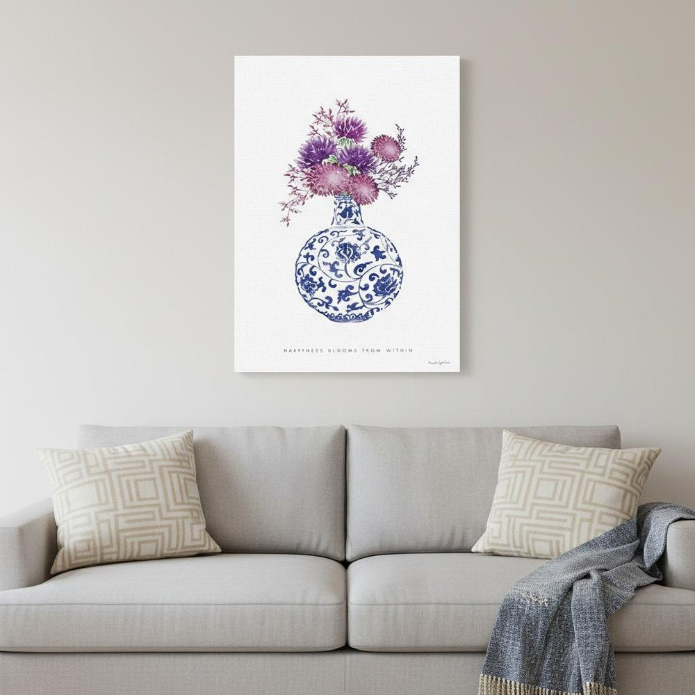 24" x 16" Blue and White Happiness Floral Vase Canvas Wall Art