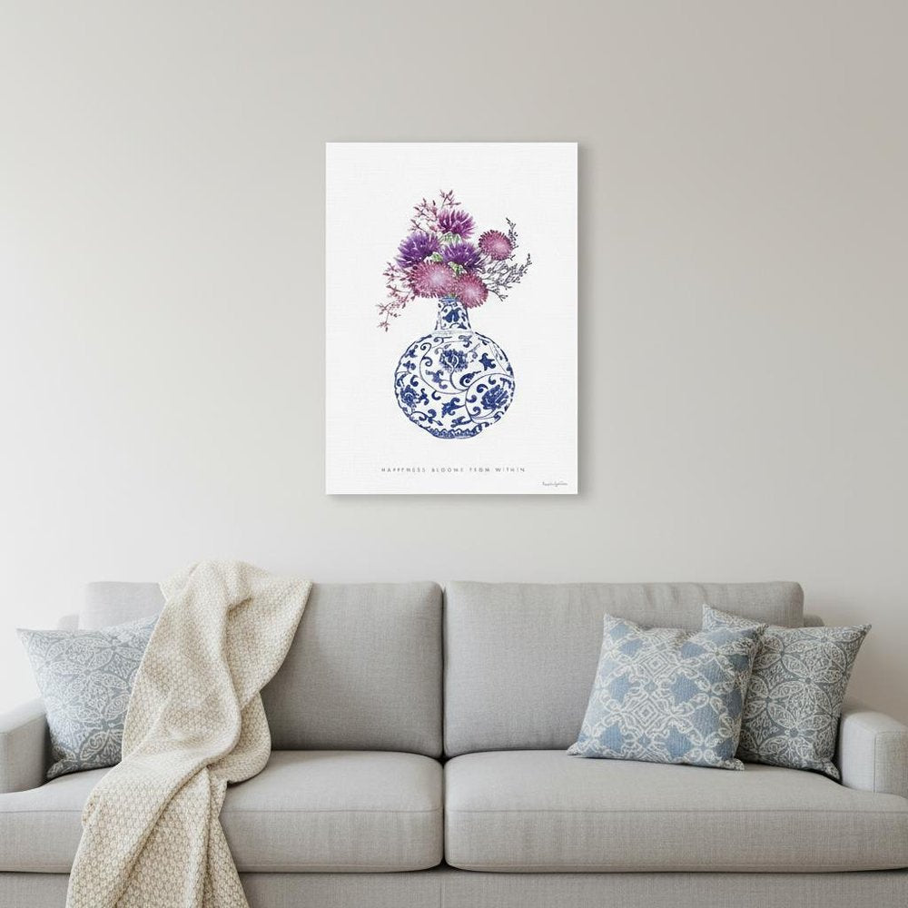 24" x 16" Blue and White Happiness Floral Vase Canvas Wall Art