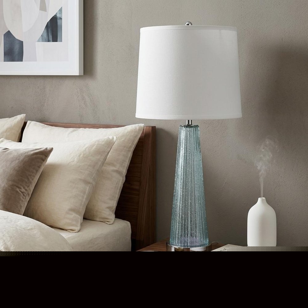29" Aqua Glass Buffet Lamp With Off White Empire Shade