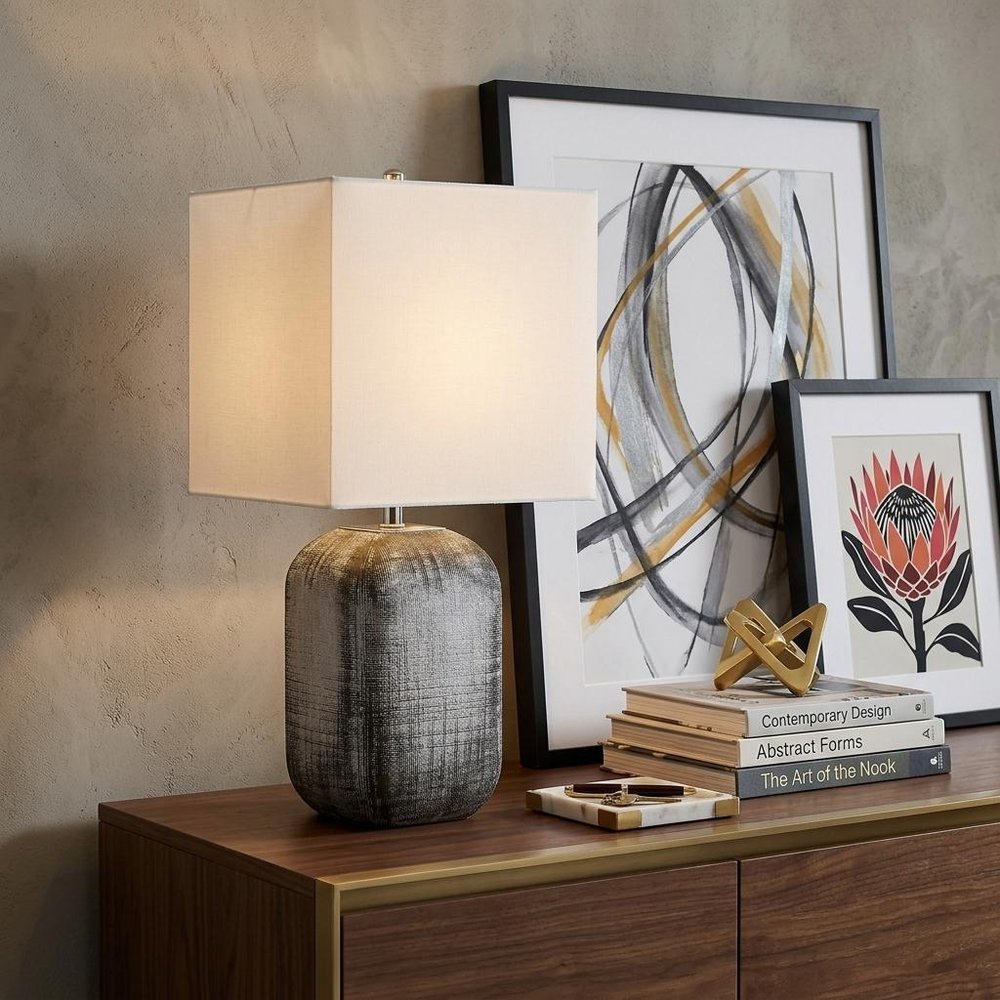 25" Blue and Gray Ceramic Table Lamp With White Square Shade