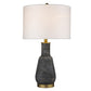 26" Distressed Black and Gold Ceramic Table Lamp With White Drum Shade
