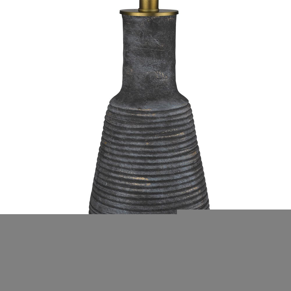 26" Distressed Black and Gold Ceramic Table Lamp With White Drum Shade