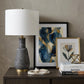26" Distressed Black and Gold Ceramic Table Lamp With White Drum Shade