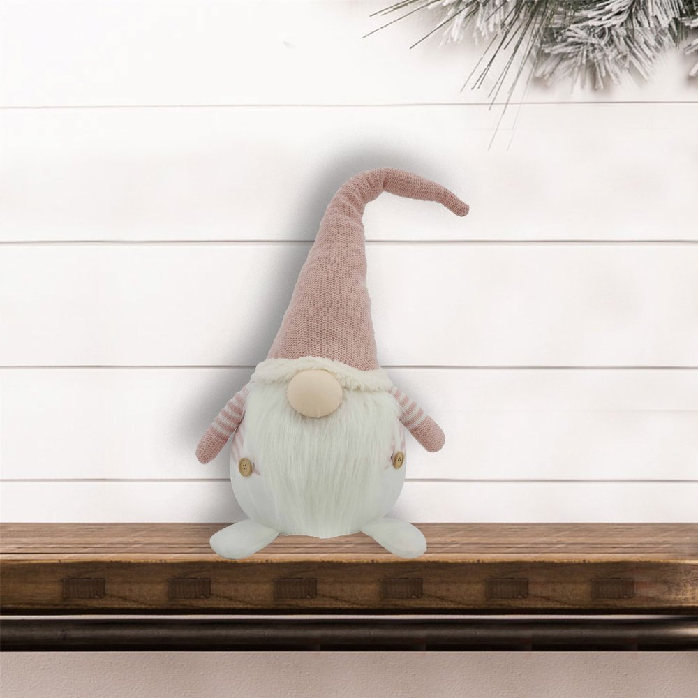 29" Pink And White Fabric Christmas Standing Gnome Tabletop Sculpture