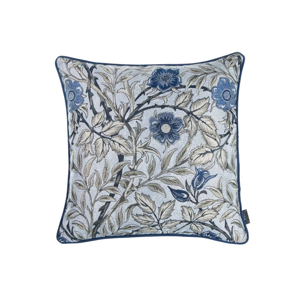 18" Ivory Blue And Gray Floral Fabric Throw Pillow