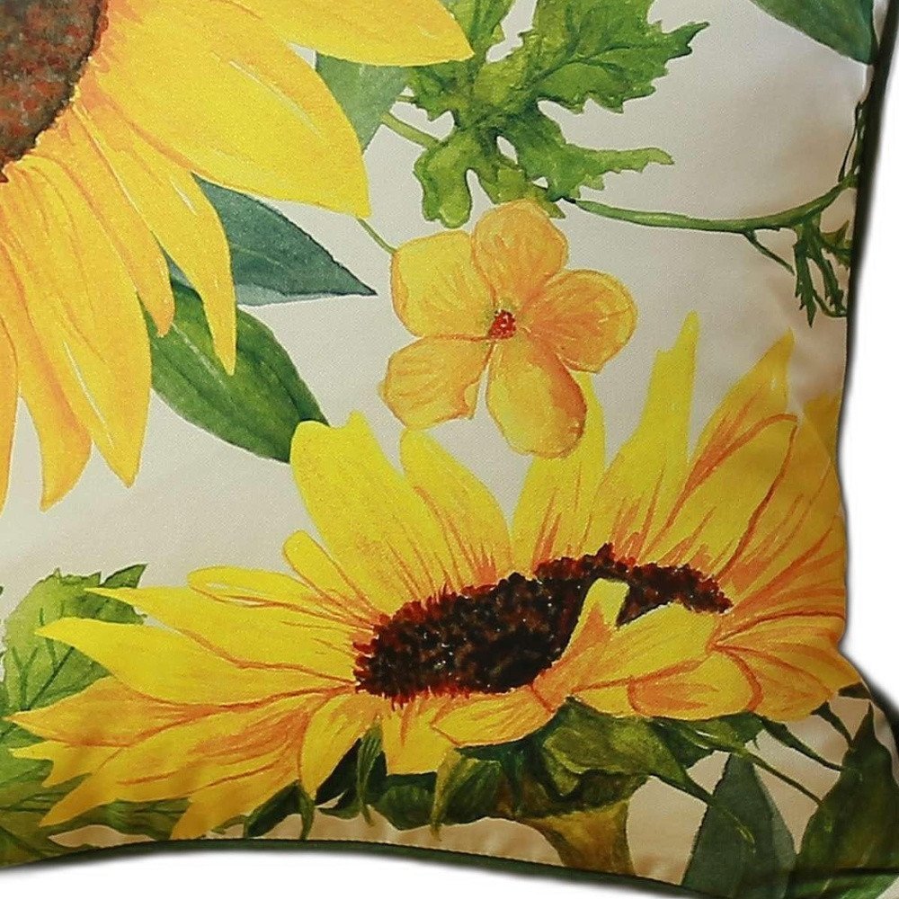 18" White Yellow And Green Sunflower Floral Throw Pillow