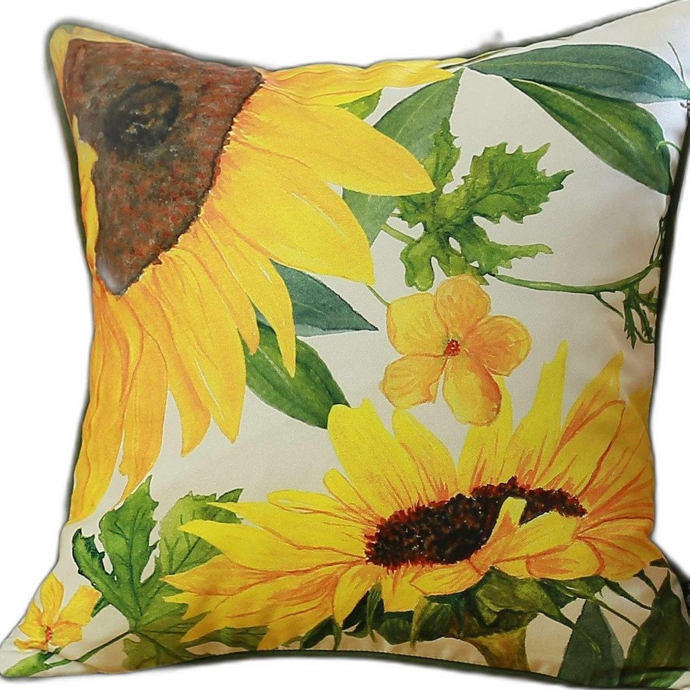 18" White Yellow And Green Sunflower Floral Throw Pillow