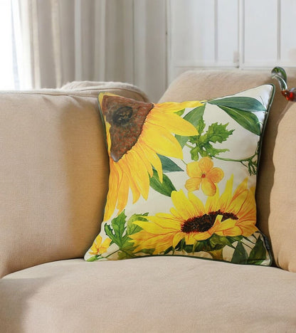 18" White Yellow And Green Sunflower Floral Throw Pillow