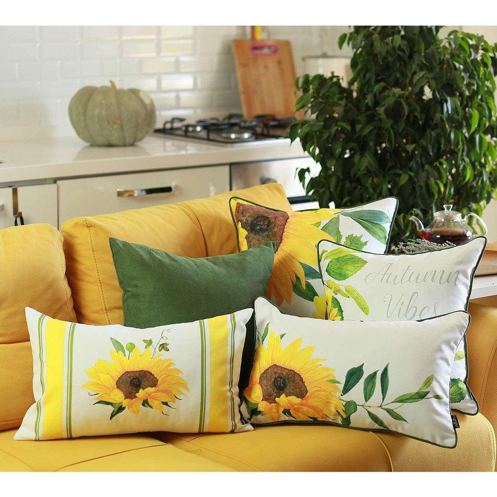 18" White Yellow And Green Sunflower Floral Throw Pillow