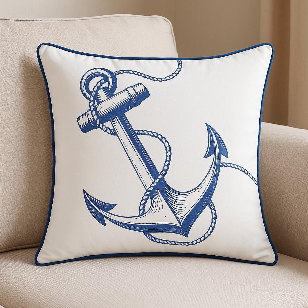18" Blue And White Anchor Nautical Fabric Throw Pillow