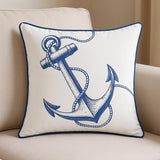 18" Blue And White Anchor Nautical Fabric Throw Pillow