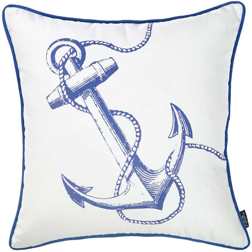 18" Blue And White Anchor Nautical Fabric Throw Pillow