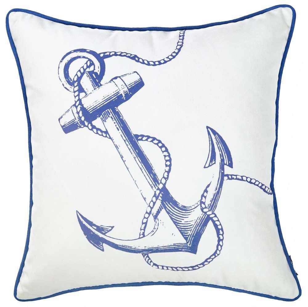 18" Blue And White Anchor Nautical Fabric Throw Pillow