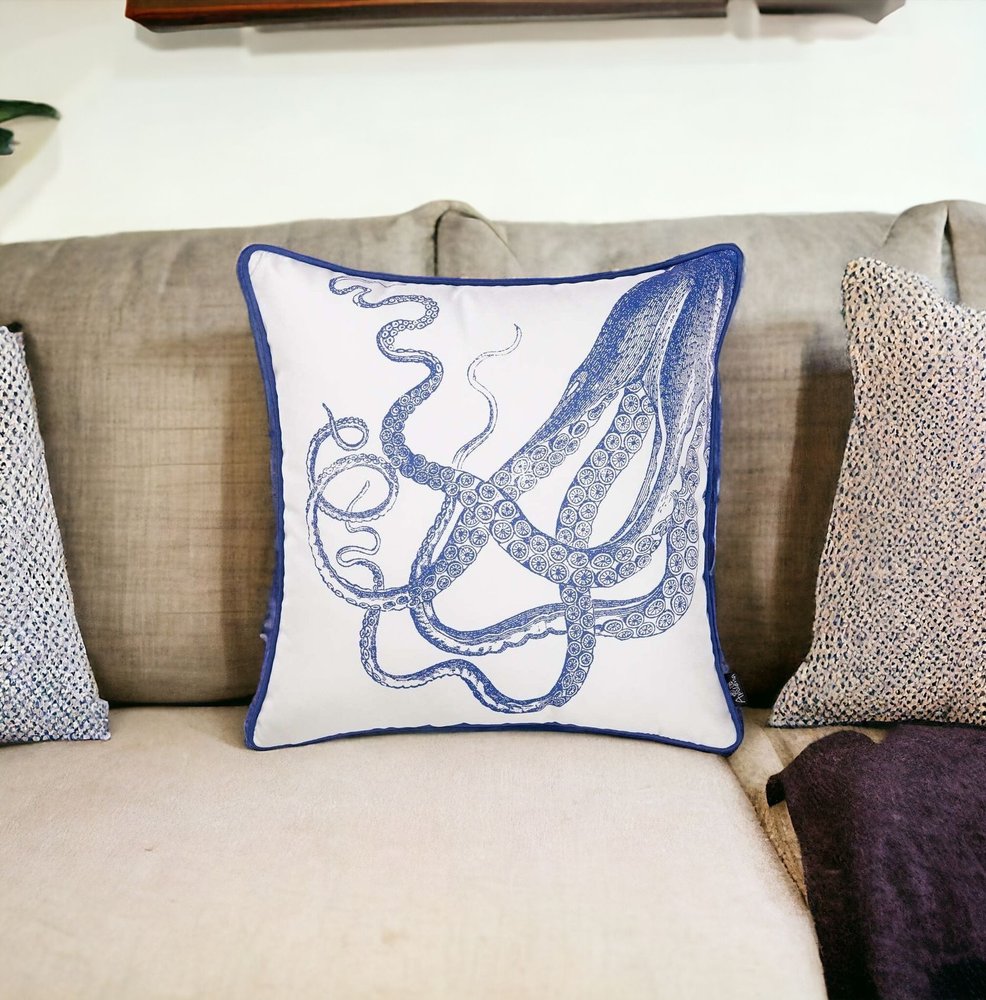 Blue and White Octopus Nautical Throw Pillow