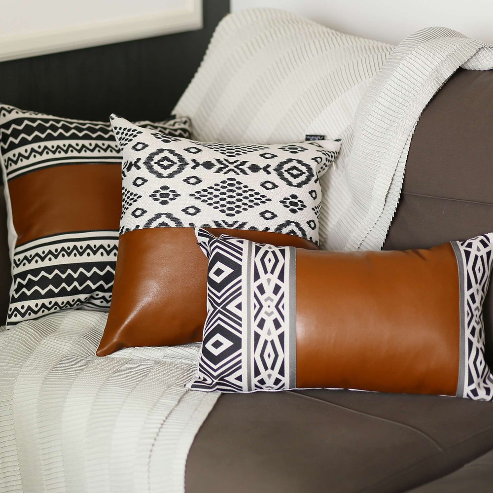 18" Brown Black And Ivory Geometric Faux Leather And Fabric Throw Pillow
