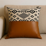 18" Brown Black And Ivory Geometric Faux Leather And Fabric Throw Pillow