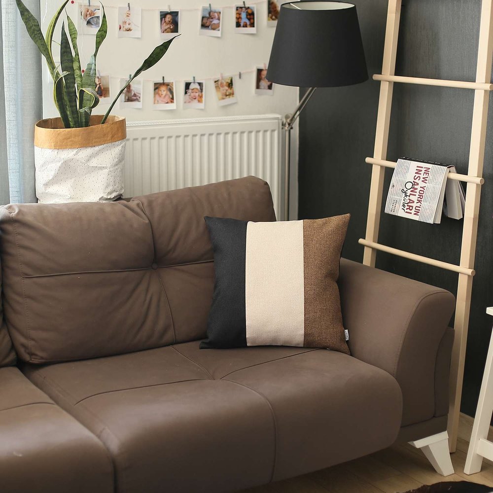 18" Black Ivory And Brown Fabric Throw Pillow