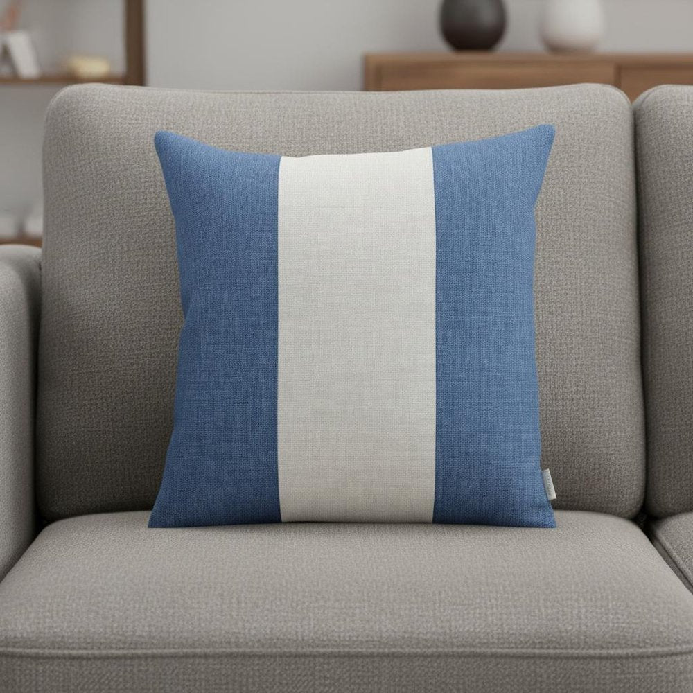 Blue and White Centered Strap Throw Pillow