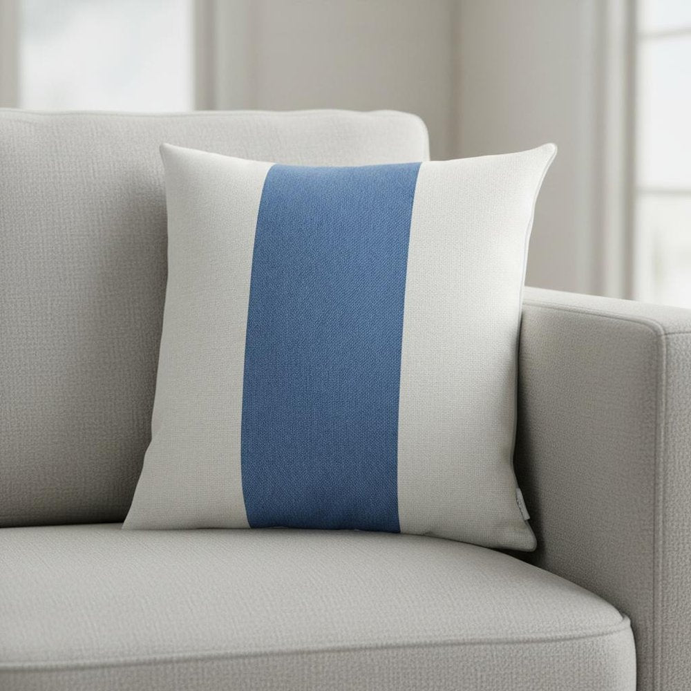 White and Blue Centered Strap Throw Pillow