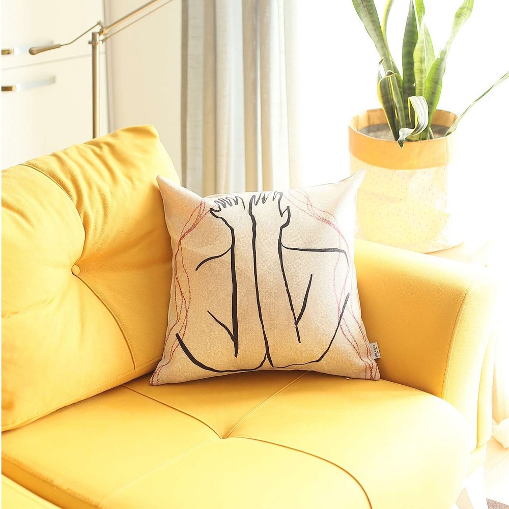 18" White And Black Abstract Hiding Face Fabric Throw Pillow