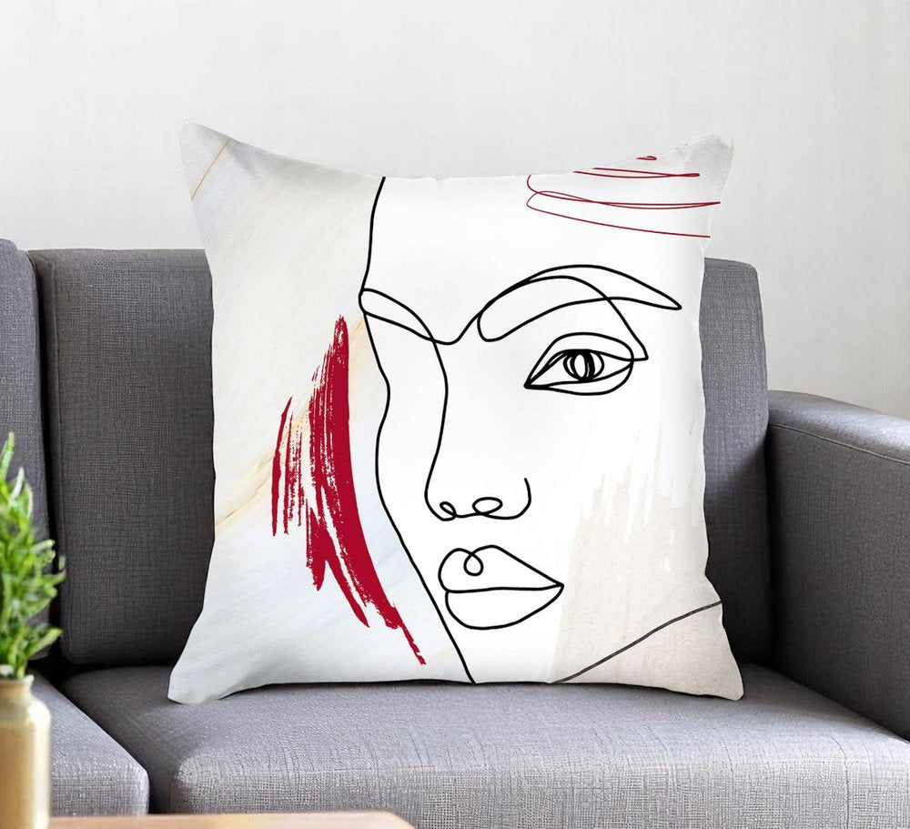 18" Ivory Black And Red Abstract Face Fabric Throw Pillow
