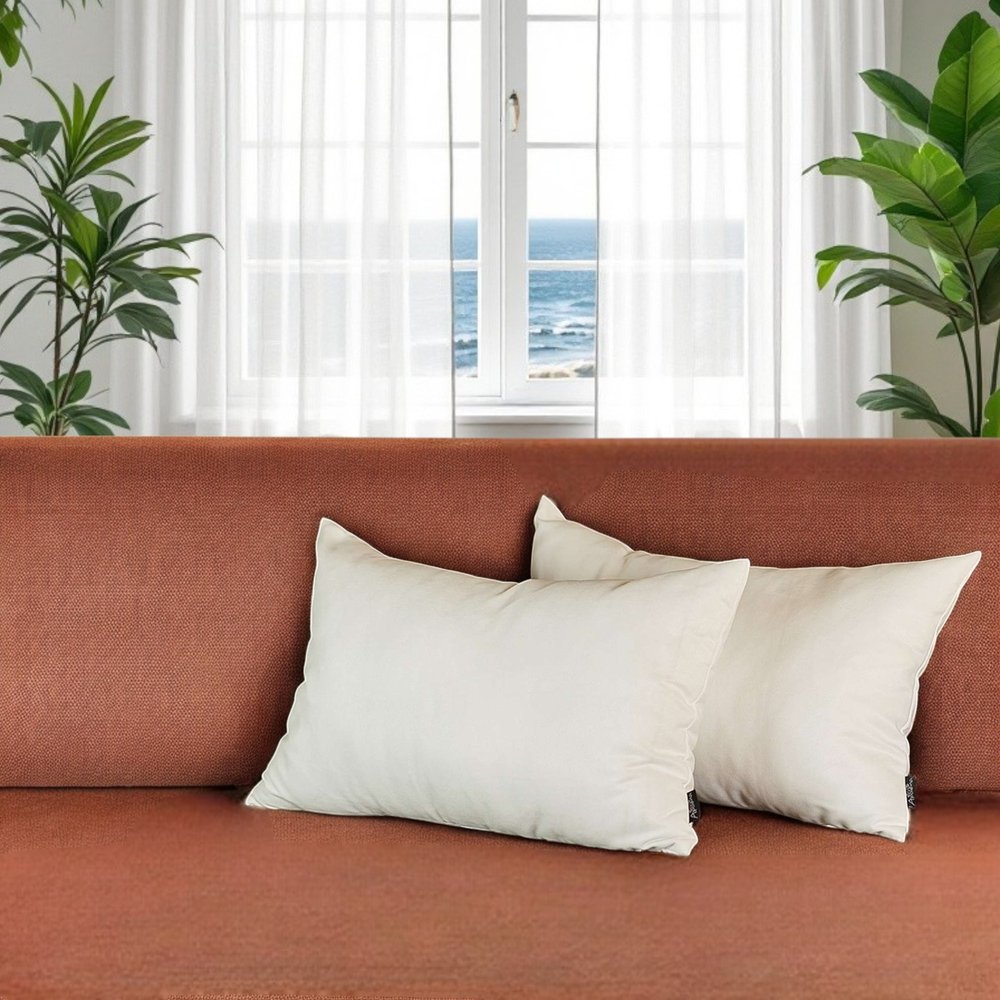 Set of Two 12" X 20" White Fabric Lumbar Throw Pillows