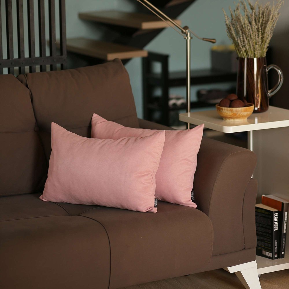 Set of Two 12" X 20" Pink Fabric Lumbar Throw Pillows