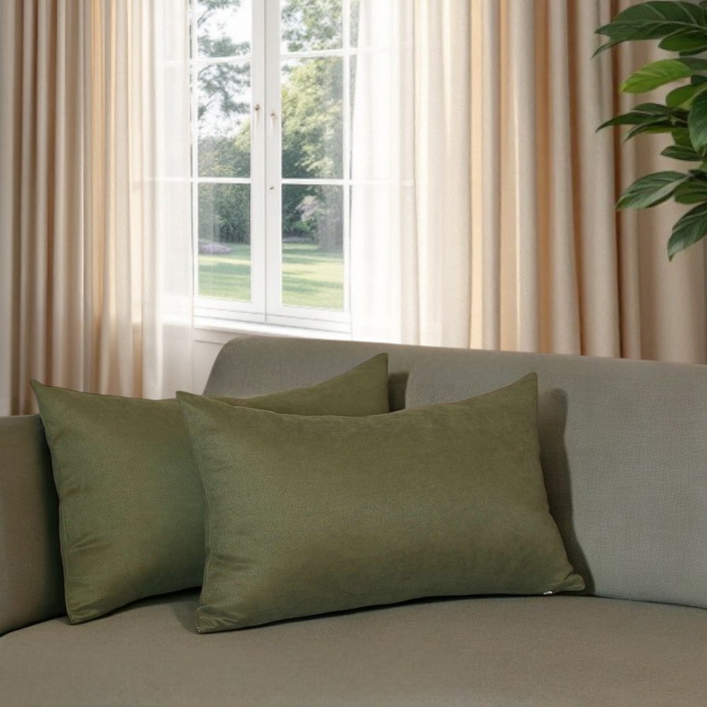 Set of Two 12" X 20" Green Fabric Lumbar Throw Pillows