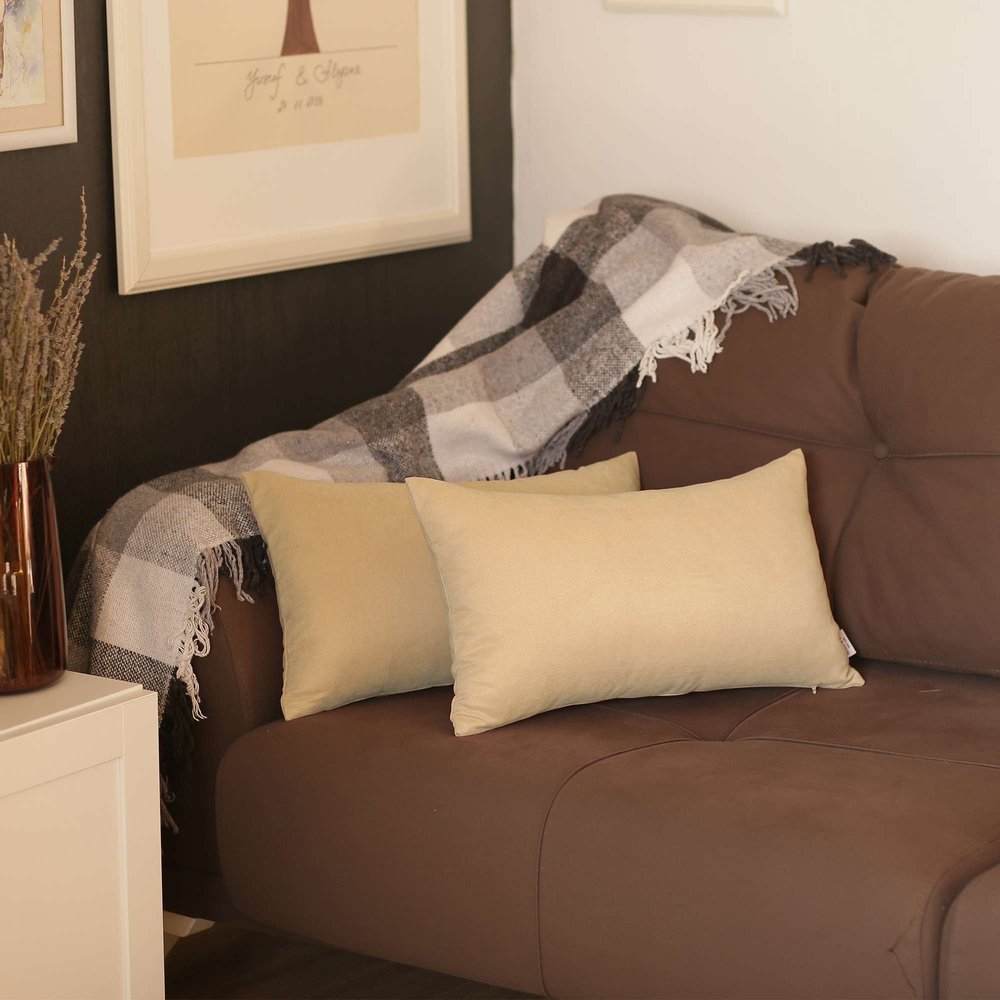 Set of Two 12" X 20" Tan Fabric Lumbar Throw Pillows